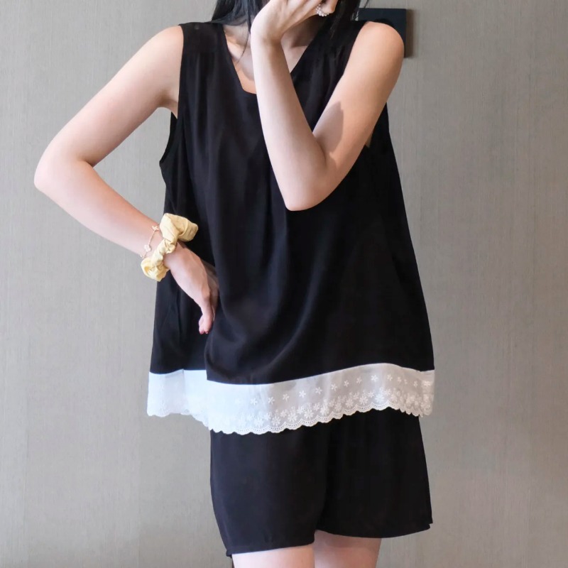Elastic Lace Trim - Women Sleeveless Lace Trim Loungewear Set