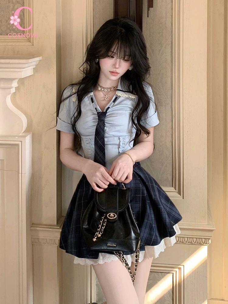 Summer New Preppy Y2K 2 Piece  - Elastic Lace Trim 评论和价格
