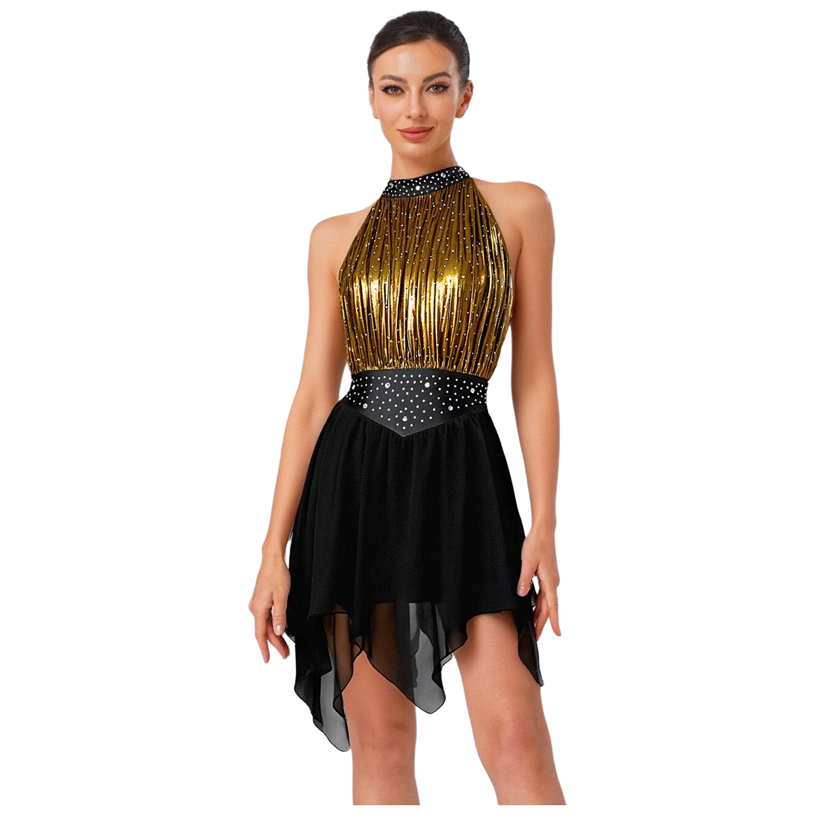 Women Sleeveless Shiny Rhinest - Rhinestone Banding Trim 评论和价格
