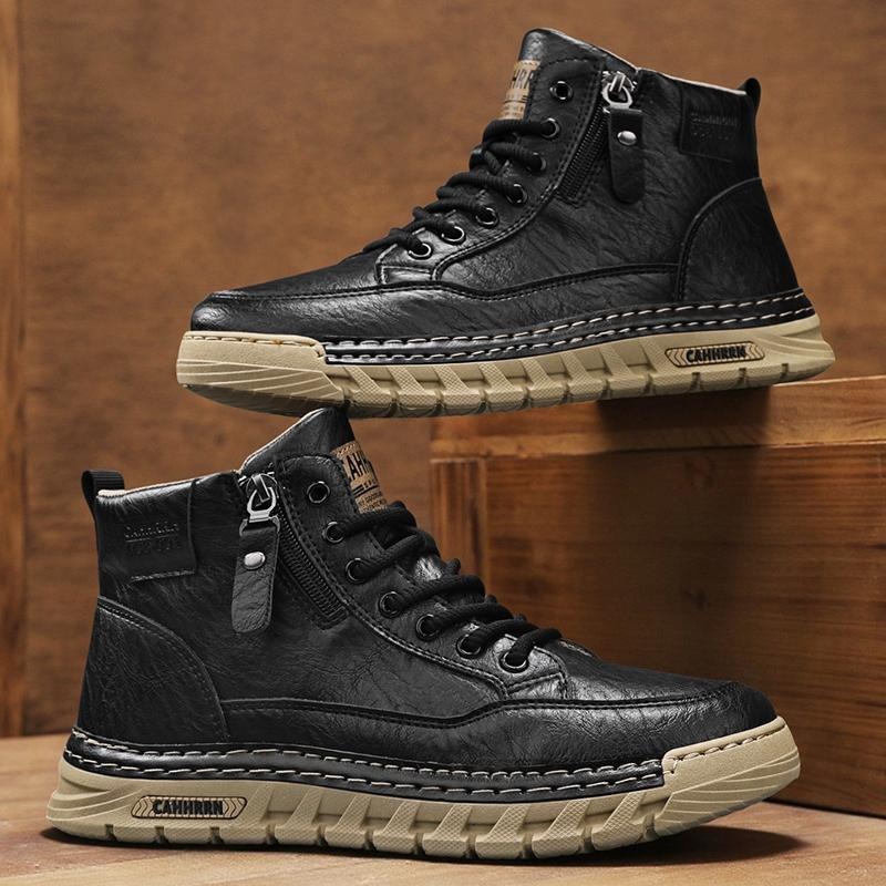 Men Leather High Top Ankle Boo - Guipure Lace Panel 评论和价格