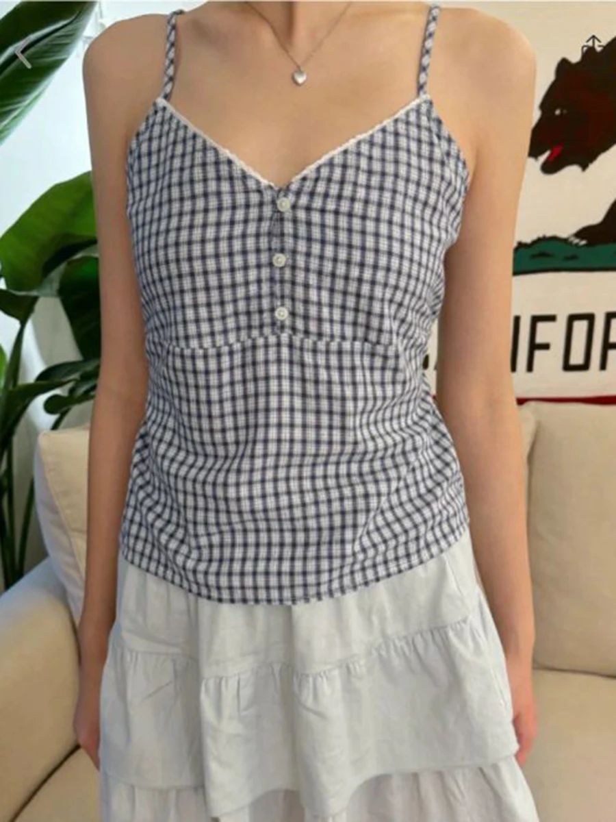 Navy Plaid Tank Shorts 2 Piece - Elastic Lace Trim 评论和价格