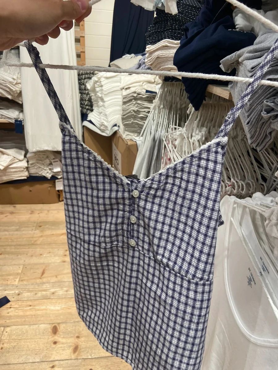 Navy Plaid Tank Shorts 2 Piece - Elastic Lace Trim 评论和价格