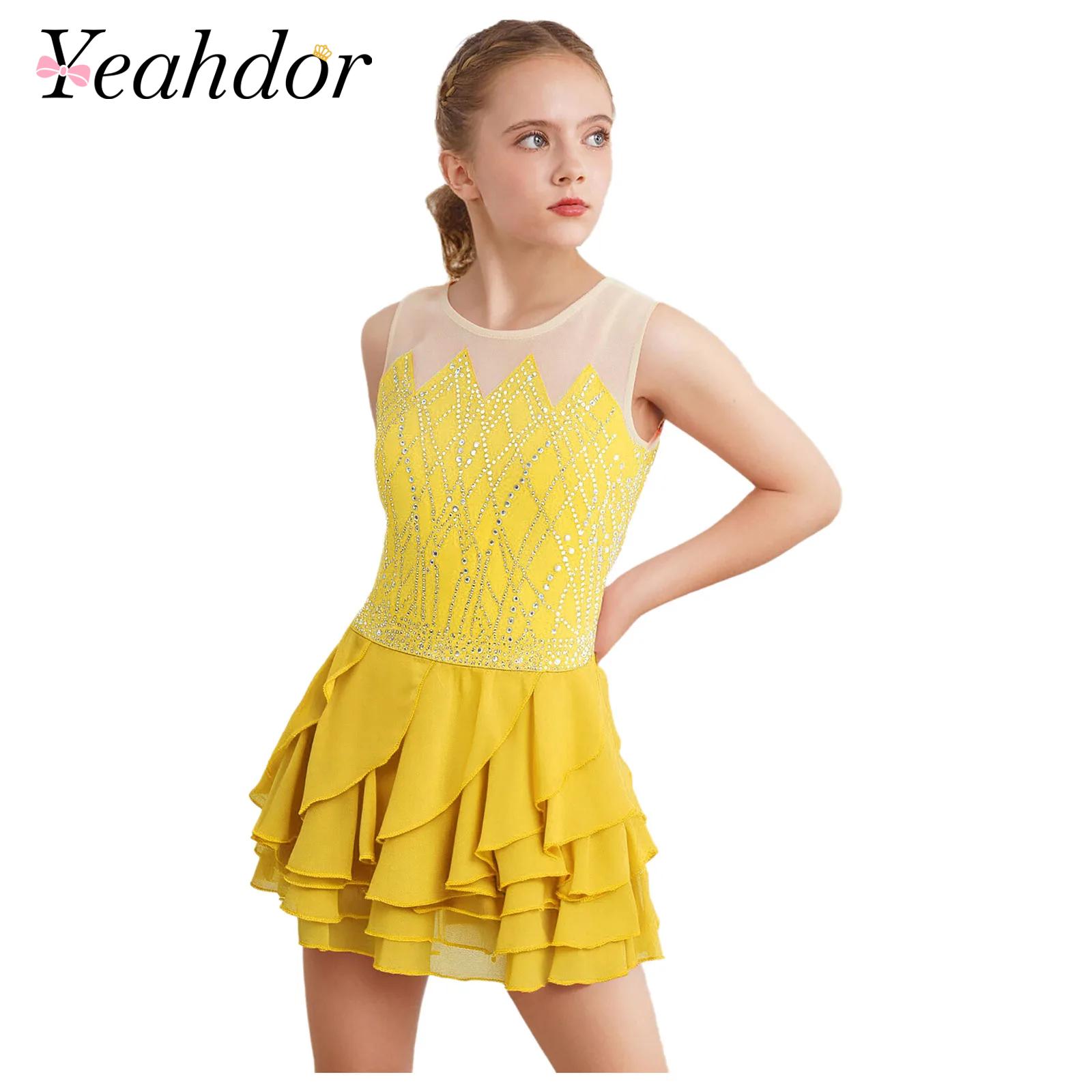 Girls Mesh Figure Skating Dres - Rhinestone Banding Trim 评论和价格