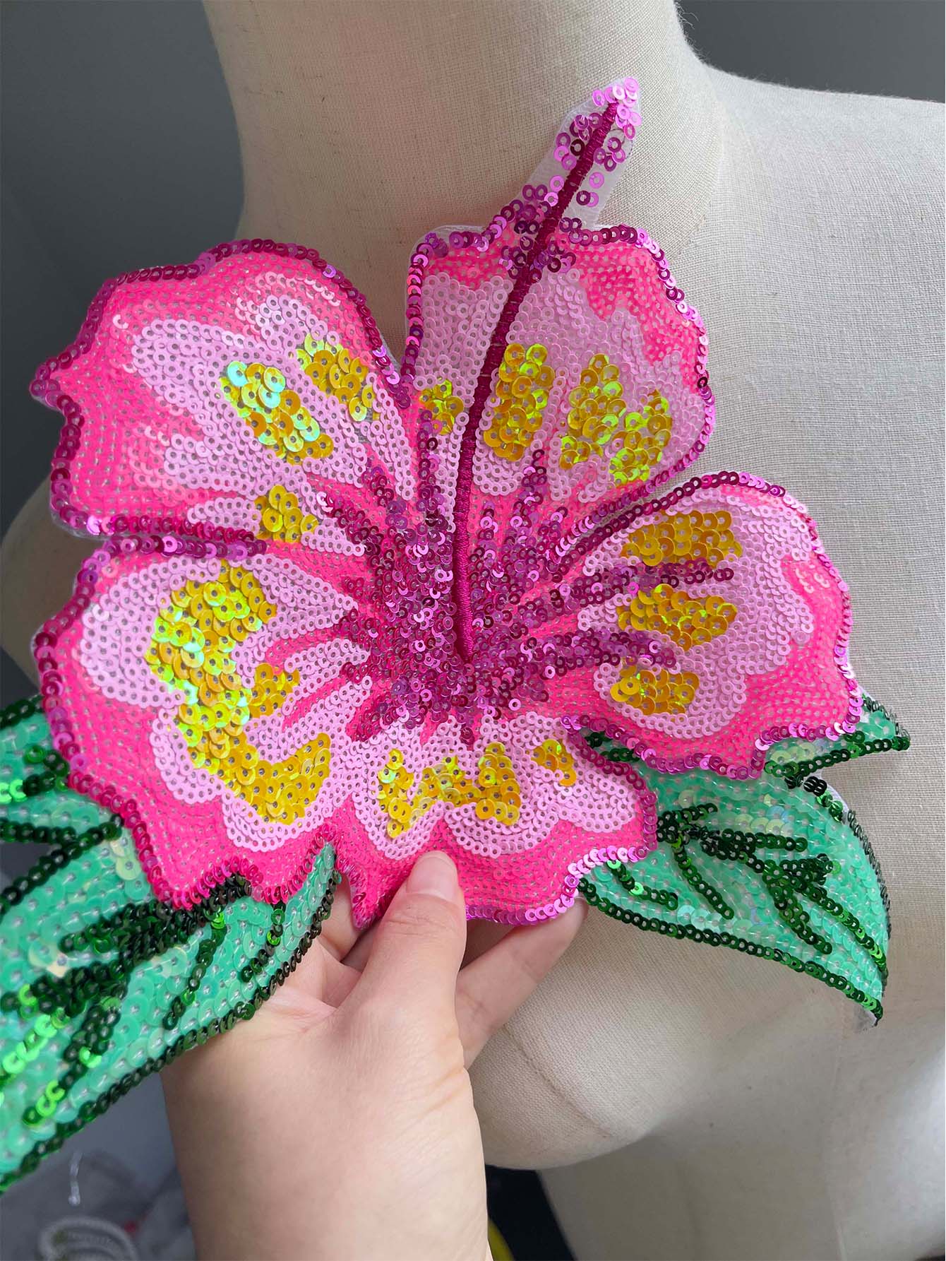 1 Piece 26CM Shining Pink Sequ - Applique Patch Flower 评论和价格